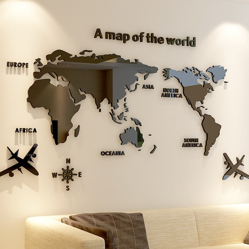 Black- colored World Map Acrylic Decorative 3D Wall Sticker ( DIY Wall Decor & Home Decor Ideas) 