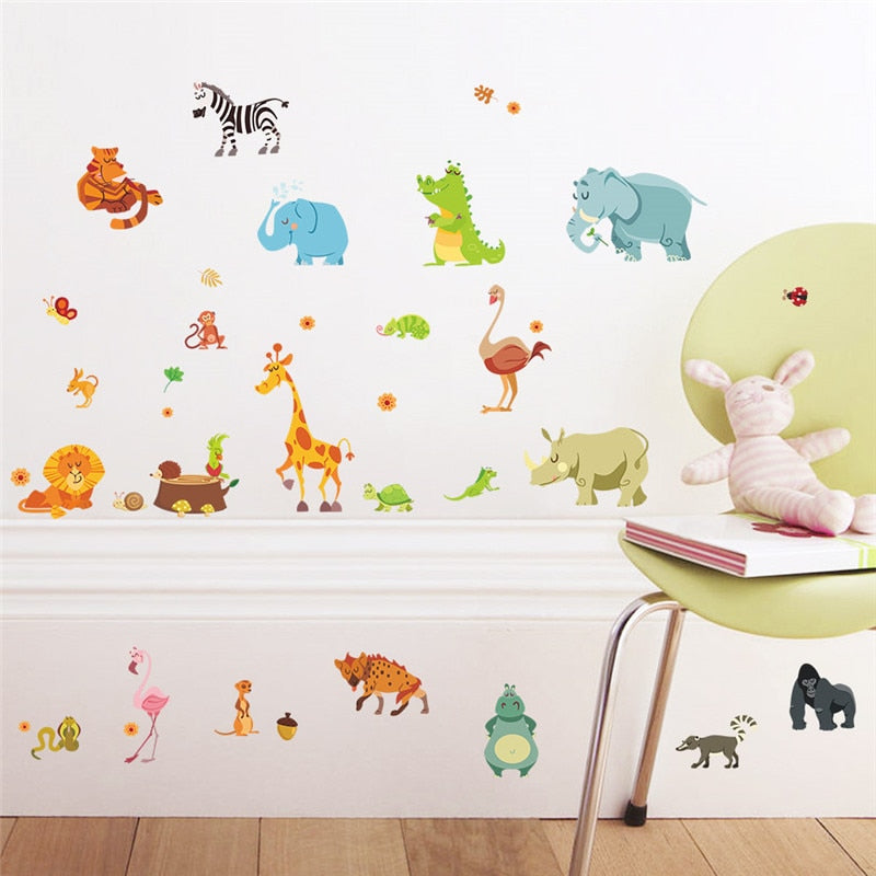Cartoon Animals World Map Wall Decals DIY Kids Room Decor