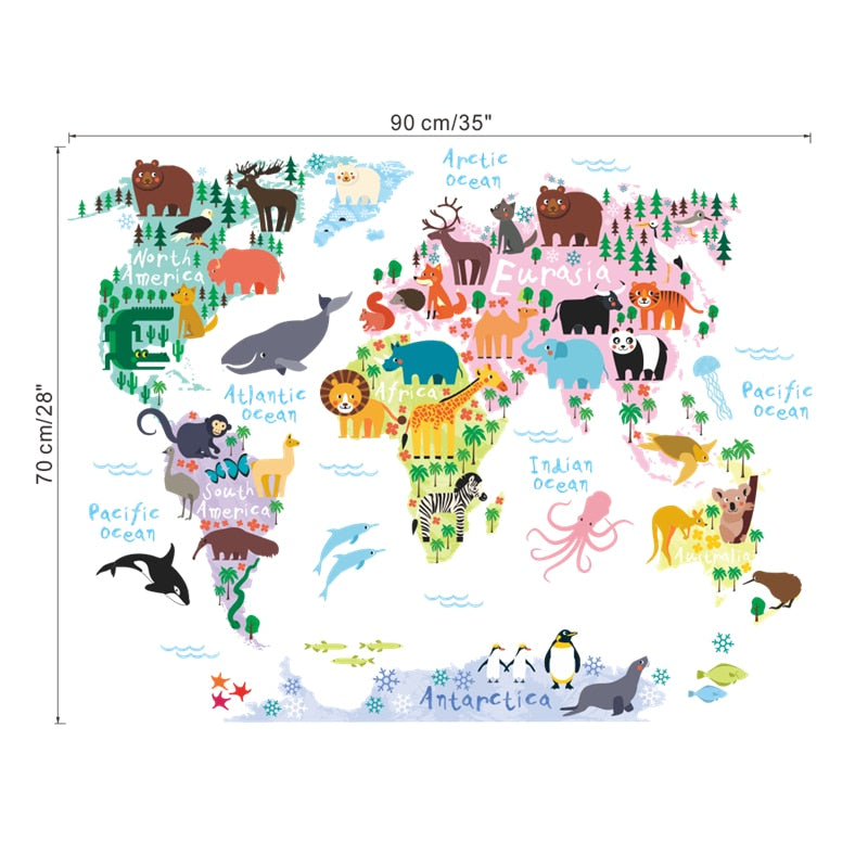 Cartoon Animals World Map Wall Decal