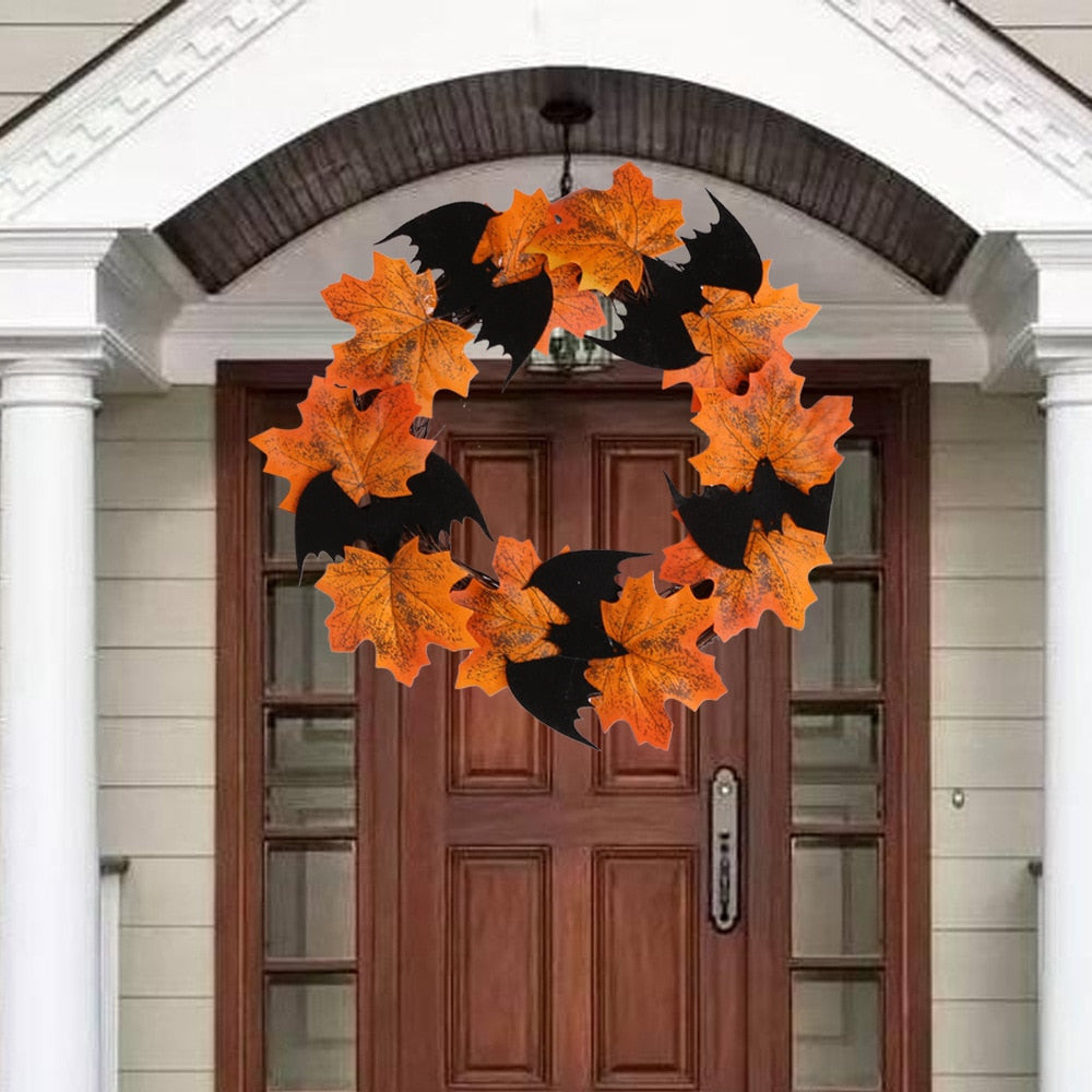 Hanging Bat Leaf Wreath Halloween Home Decorations 