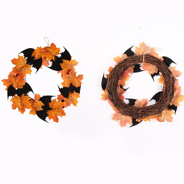 Hanging Bat Leaf Wreath Halloween Home Decorations 