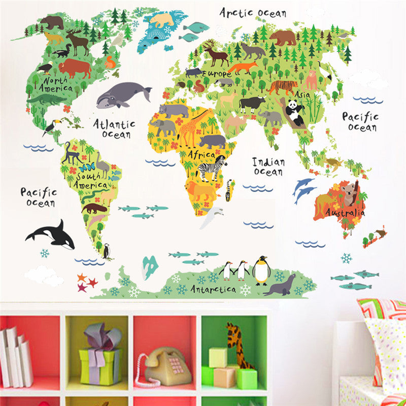 Cartoon Animals World Map Wall Decals DIY Kids Room Decor