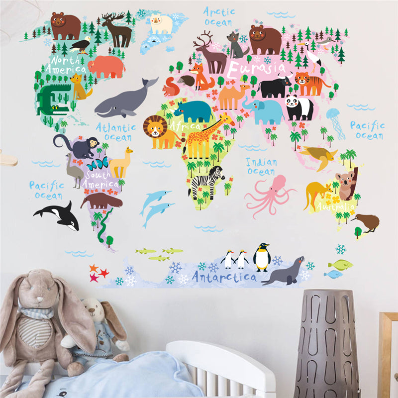 Cartoon Animals World Map Wall Decal
