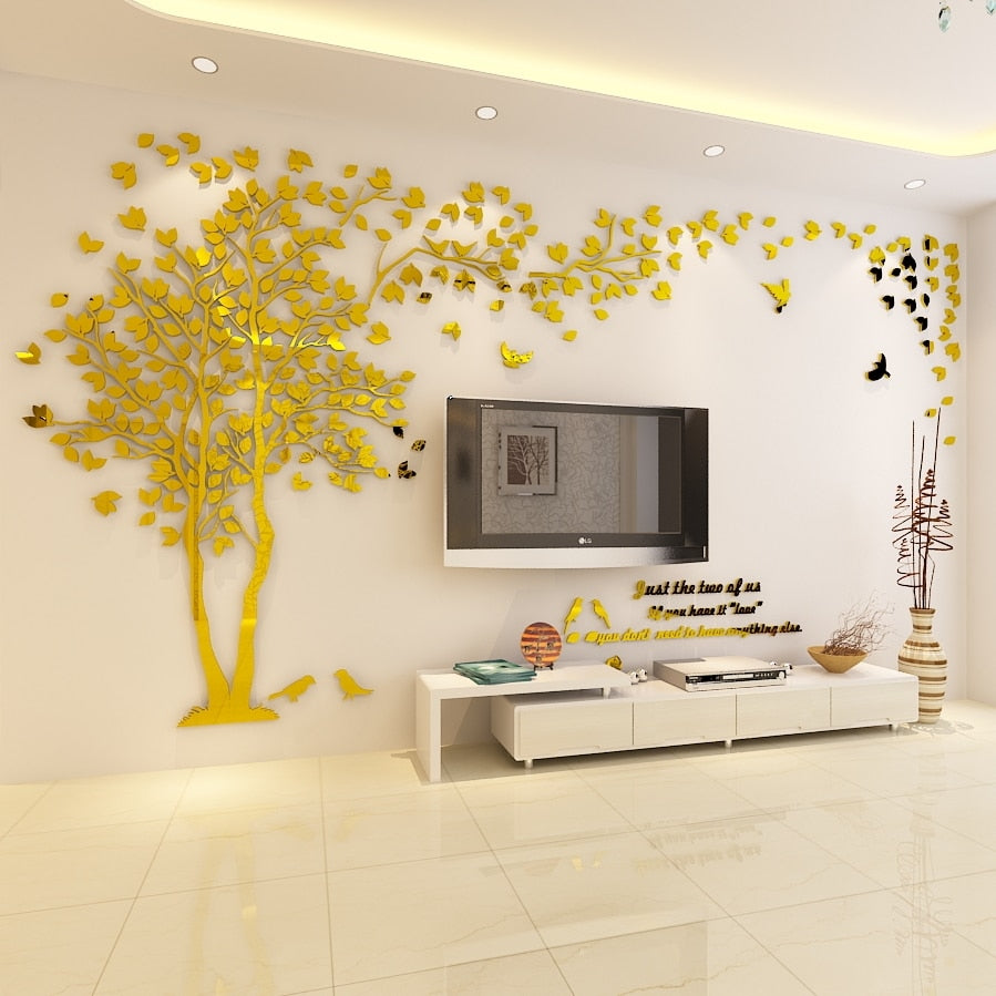Gold- colored (Left) Lovers Tree Wall Stickers  (3D Acrylic Crystal Wall Decor) DIY Home Design Ideas