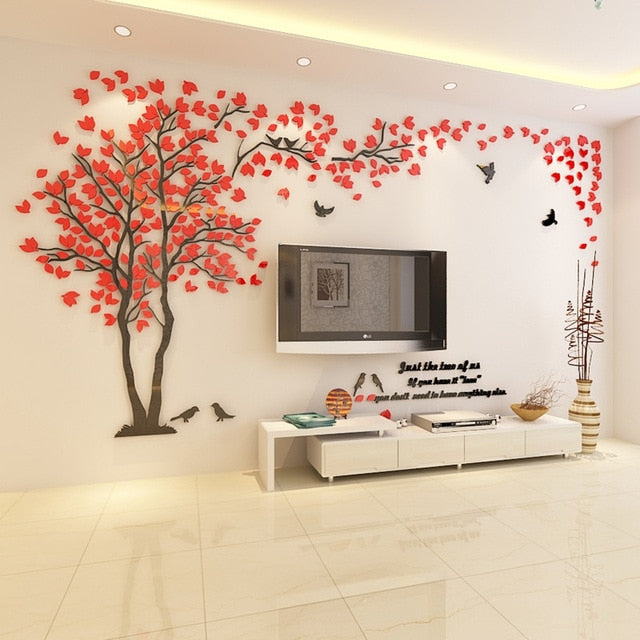 Red & Black (Right) Lovers Tree Wall Stickers  (3D Acrylic Crystal Wall Decor) DIY Home Design Ideas 