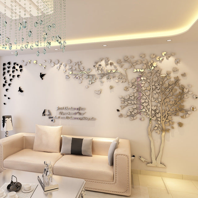 Silver- colored (Right) Lovers Tree Wall Stickers  (3D Acrylic Crystal Wall Decor) DIY Home Design Ideas 