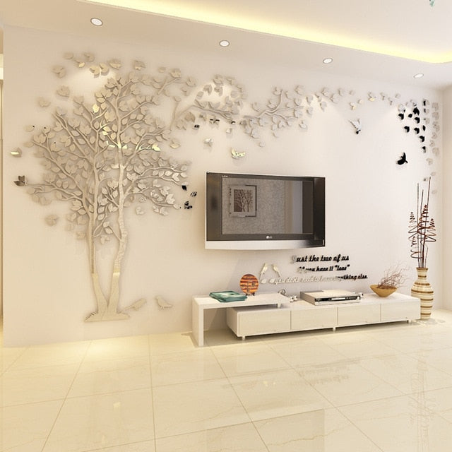 Silver- colored (Left) Lovers Tree Wall Stickers  (3D Acrylic Crystal Wall Decor) DIY Home Design Ideas